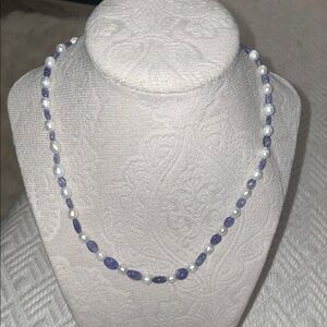 Elegant Blue Tanzanite and Natural White Pearl Beaded Necklace